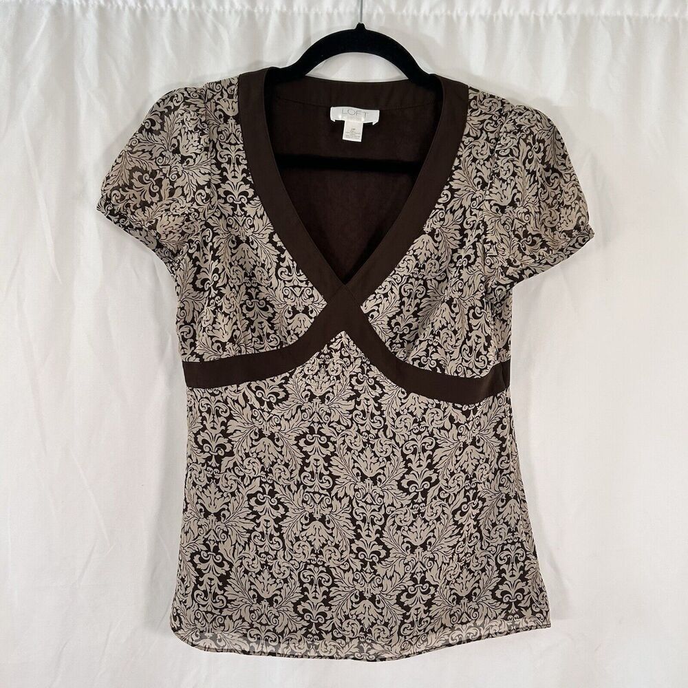 LOFT Blouse Women 2P Petite Brown Floral Side Zip Vneck Short Sleeve Lightweight